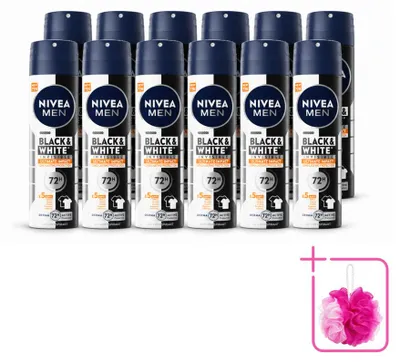 Imagen del producto de 12 unidades de desodorante en spray NIVEA MEN Black & White Ultimate Impact, 150 ml. Pack ahorro