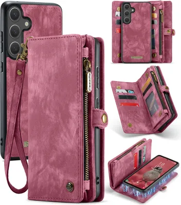Produktbild von Schutzhülle für Samsung Galaxy S25, Vintage Multifunktions Lederhülle, Kartenfächer, Reißverschluss Hülle Rot