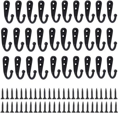 Produktbild von Famanu Wandhaken Set - 30 schwarze Metallhaken mit Schrauben