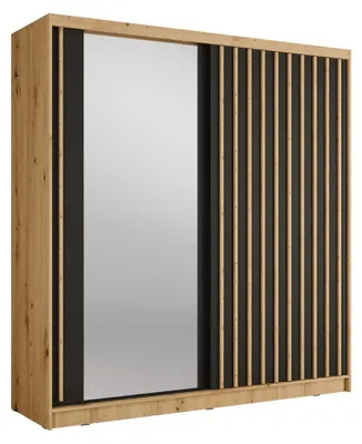 Image de Armoire KAZU 2 portes coulissantes avec miroir chêne et gris graphite 205 cm