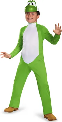 A child wearing a Yoshi costume, standing against a white background.