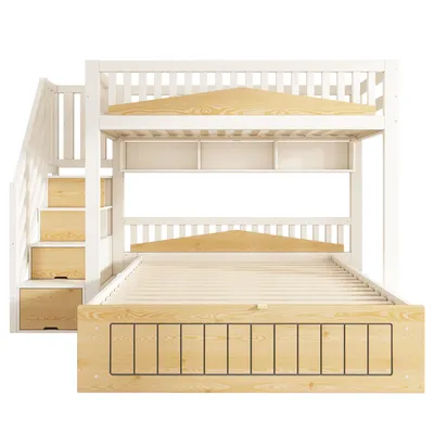 Produktbild von Flieks Hydraulisches Etagenbett 90x200cm/140x200cm mit Stauraum, Hochbett mit Ladefunktion, Kinderbett Stockbett mit Regal und Schubladen, Weiß