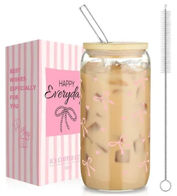 Obrázok produktu pre Sklenená fľaša s vekom a slamkou, 500 ml, ružová, s motívom mašle, borosilikátové sklo, sada