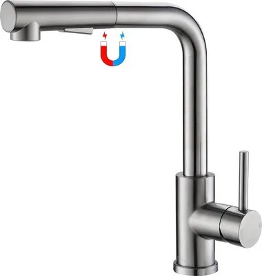 Obrázok produktu pre Kuchynský kohútik – výsuvný vysokotlakový kuchynský kohútik s rozprašovačom, otočný o 360°, 2 typy prúdu vody, jednopáková zmiešavacia batéria do kuchyne, batéria k drezu, armatúra s magnetickým uchytením, brúsená nerezová oceľ, tvar L
