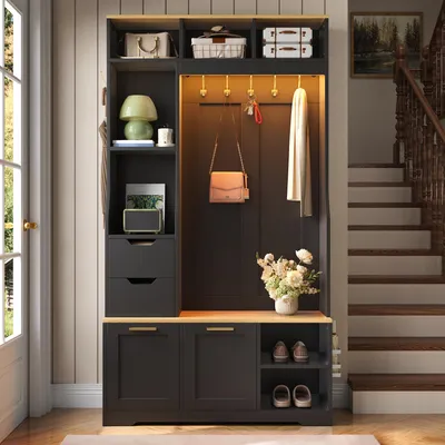 Image de Armoire Merax avec banc intégré et étagères à chaussures, meuble d'entrée/rangement à chaussures avec 5 crochets métalliques, tiroirs, éclairage LED et finition noire