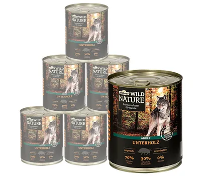 Produktbild von Dehner Wild Nature Hundefutter Unterholz, Nassfutter getreidefrei / zuckerfrei, für ausgewachsene Hunde, Rind / Wildschwein / Lamm, 6 x 800 g Dose (4.8 kg)