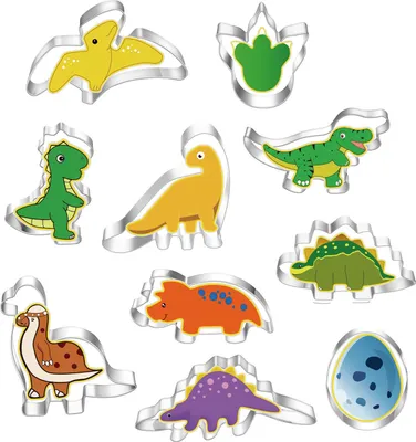 Obrázek produktu pro Vykrajovátko na sušenky z nerezové oceli s 10 motivy dinosaurů, jako je T-Rex a Stegosaurus, ideální jako vykrajovátko na dinosaury pro dětské narozeninové oslavy a rodinné pečení