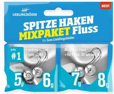 Produktbild von Lieblingsköder Spitze Haken Gr. 1 Mixpaket - 4 Jigköpfe, Ausführung:Mixpaket Fluss / 5g. 6g. 7g. 8g