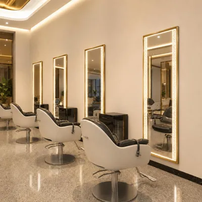 Produktbild von Friseurbedienplatz mit LED-Spiegel 170x70 cm Gold - Barber Konsole Frisierplatz Kosmetik Bedientisch, KI-generiertes Bild