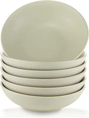 Produktbild von Unyqoos® Steingut-Schüssel-Set 6-tlg., 20 cm Ø, 850 ml – flache runde Schalen mit Webmuster, sand-kaki, mikrowellen-, ofen- & spülmaschinengeeignet