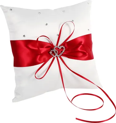 Image de Coussin à alliances pour mariage avec nœud, double cœur et diamants (rouge)