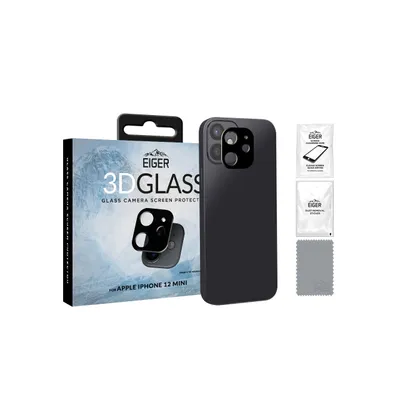 A product shot of a camera lens protector for an iPhone 12 Mini, along with its packaging and accessories.