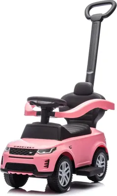 A pink ride-on car with a push handle, designed to look like a Land Rover Discovery.