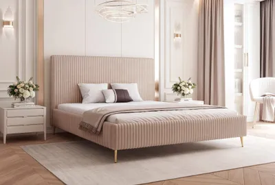 Image de BESILIO Lit 180x200 Vienna - Lit avec espace de rangement, lit mince, sommier à lattes - Tissu velours - Beige