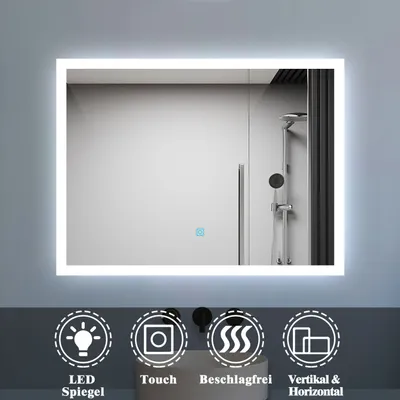 Produktbild von Badspiegel mit Beleuchtung 80x60cm Badezimmerspiegel Kaltweiß Wandspiegel mit Touch-schalter Beschlagfrei IP44 Belair-Serie