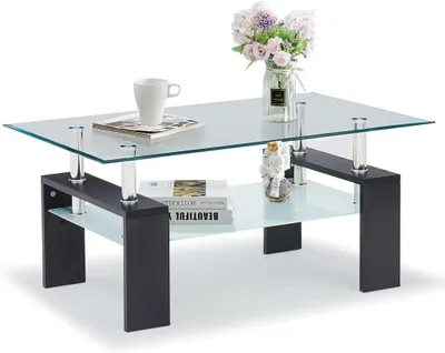 Produktbild von CLIPOP Couchtisch, Glas Wohnzimmertisch, 100x60x45cm rechteckiger Beistelltisch, Schwarz