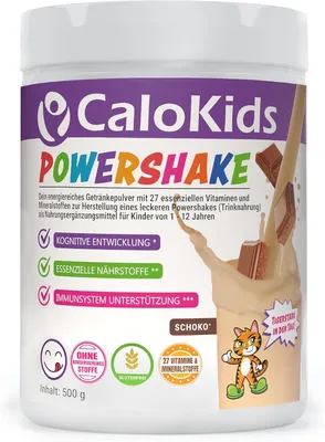 A product shot of a container of CaloKids Powershake.