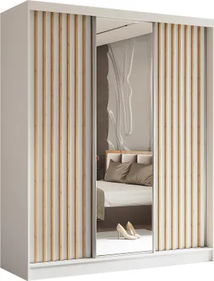 Produktbild von BEAUTYSOFA Schrank mit Lamellen HELIX 180cm - Kleiderschrank im modernes Stil Garderobe mit Schwebetüren & Spiegel (Weiß + Artisan)