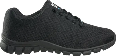 A side view of a black athletic shoe.