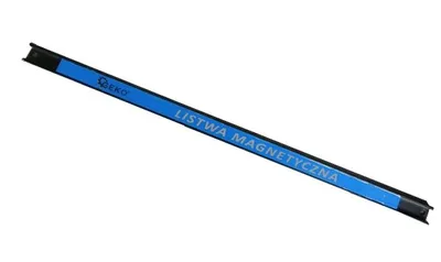 A magnetic tool bar with text on it, isolated on a white background.