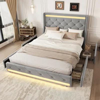 Productafbeelding van AIORBER laagbed, gestoffeerd bed, 140x200 cm, bed met lattenbodem, verstelbare LED-omgevingsverlichting, 4 lades, fluweel, geschikt voor appartementen, slaapkamers, grijs