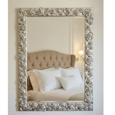 Zdjęcie produktu dla MO.WA Lustro ścienne Lustro Classic Silver 62x82 Lustro różane w stylu romantycznym Lustro dekoracyjne Srebrny liść Prostokątne lustro drewniane Srebrne