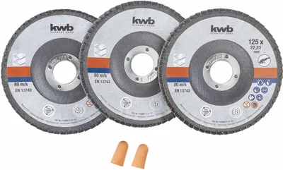 Produktbild von kwb 3 x Schleif-Scheiben 115 mm in Aufbewahrungsdose inkl. Ohrstöpsel Korngrößen K-40, K-60, K-80 für Winkelschleifer ABM. 115 x 22,23