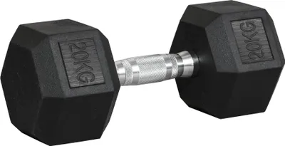 Produktbild von Hexagon Hantel 20 kg - Kurzhantel - Gusseisen - Gummiert - Anti-Roll Form - Für Krafttraining - Schwarz