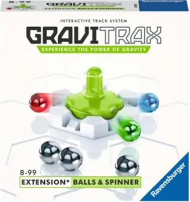 The image shows the packaging of a GraviTrax Balls & Spinner extension set.