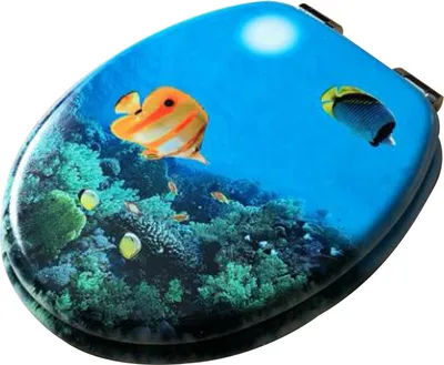 A toilet seat with a vibrant underwater scene featuring coral reefs and tropical fish.