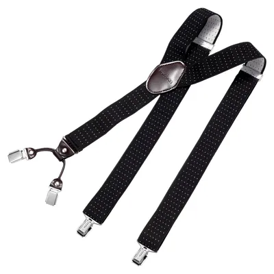 Produktbild von DonDon Herren Hosenträger 3,5 cm breit 4 Clips mit braunem Leder in Y-Form elastisch und längenverstellbar - gepunktet schwarz weiß