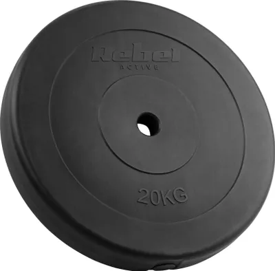 A black weight plate with a hole in the center, placed on a light gray background.