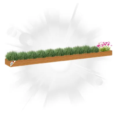A long wooden planter box filled with green grass and a few pink flowers at one end, set against a bright, radiating background.