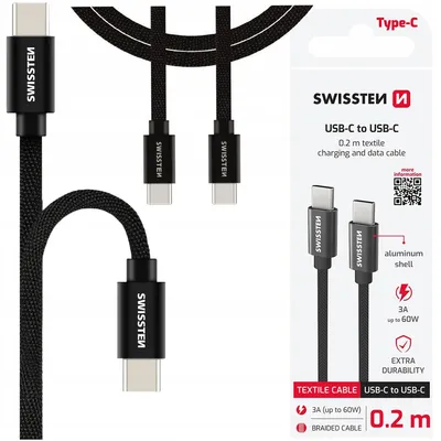 Obrázek produktu pro Nabíjecí kabel SWISSTEN USB-C / USB-C PD 60W, délka 20 cm, černý, s opletením