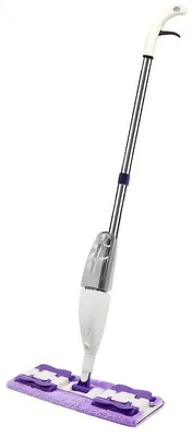 Image de Balai à franges avec réservoir d'eau pour le nettoyage des sols - Balai à franges plat - 5 tampons en microfibres lavables - Réservoir d'eau rechargeable - Manche en acier - Système d'essorage sur quatre côtés - Blanc