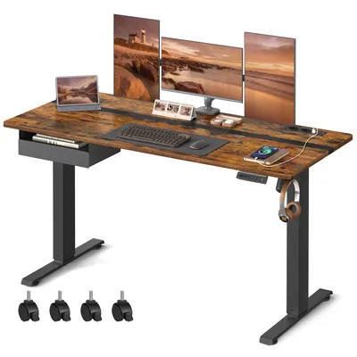 Produktbild von VASAGLE Höhenverstellbarer Schreibtisch elektrisch, mit Steckdose und Schublade, 70 x 160 cm Memory-Funktion, vintagebraun-tintenschwarz