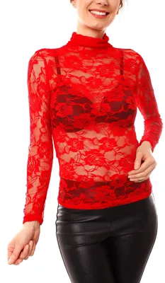 Productafbeelding van Easy Young Fashion - Dames langarmshirt met turtleneck en kant - transparante halslijn