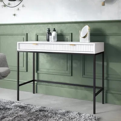 Obrázek produktu pro Toaletní stolek Kioto 104 cm bílo-černý - drážkované čelo, zlaté úchyty, 2 zásuvky, moderní