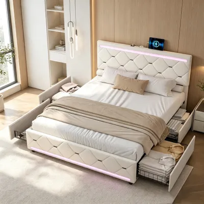 Produktbild von INONEFT Polsterbett 140x190cm mit USB und LED, Jugendbett Doppelbett mit 4 Schubladen, Doppelbett Stauraumbett mit Lattenrost, Samt, Beige