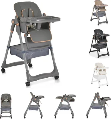 A collage of different views and colors of a baby high chair.