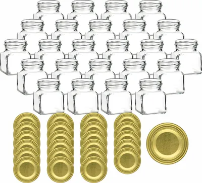 Produktbild von gouveo 24er Set Einmachgläser 120 ml eckig Schraubverschluss goldfarben - Kleines Vorratsglas mit Deckel für Marmelade, Gewürze