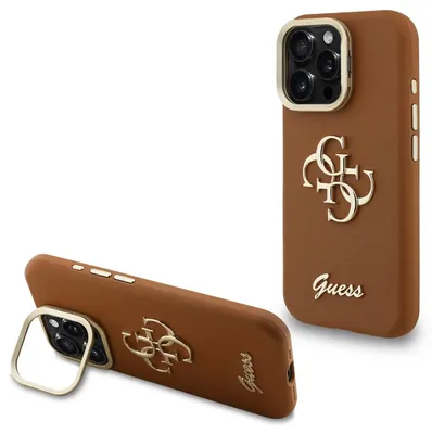 Obrázok produktu pre GuessPolyuretánzrnité 4G logo stojanový rám na fotoaparát puzdro pre iPhone 15 Pro hnedé (GUHCP15LPCS4GSW)