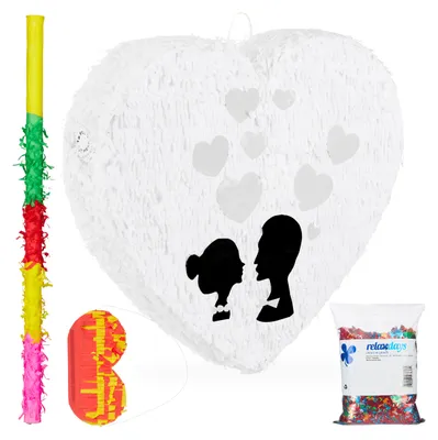 Produktbild von 4 tlg. Pinata Set Hochzeit, XXL Konfetti Sack 0,28 kg, Pinatastab mit Augenbinde, Herzpinata, Pinatastock & Maske, bunt