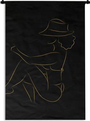 Produktbild von MuchoWow® Wandteppich Wandbehang Frau - Hut - Gold - Schwarz 90x135 cm Tapisserie Dekoration Wandtuch - Baumwolle - Wandskulptur