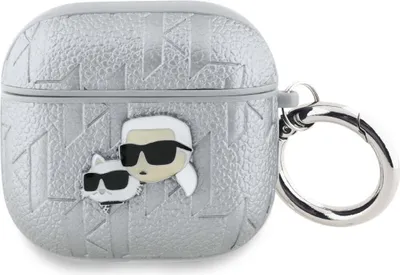 A Karl Lagerfeld branded AirPods case with a Karl Lagerfeld and Choupette cat graphic.
