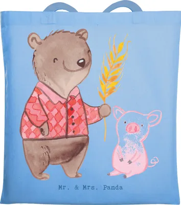 Produktbild von Mr. & Mrs. Panda Tote Bag Bauer Herz - Sky Blue - Geschenk, Schweine, Schultasche, Tasche, Bauernhof, Tiere, Jutebeutel, Shopping, Büchertasche, Tierwirt, Farmer