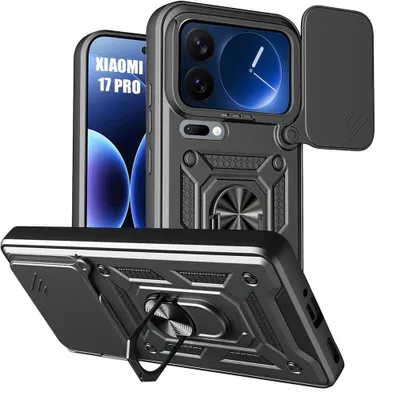 Image de Coque pour Xiaomi 17 Pro, Antichoc Rigide avec Anneau et Protection Caméra Coulissante - Noir