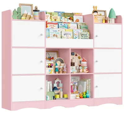 Immagine prodotto di Libreria per bambini e scaffale per giocattoli - Mobile contenitore in legno con 6 ante e 6 ripiani aperti - 8 contenitori estraibili - 140x30x106 cm - Rosa