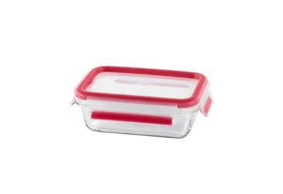 A rectangular glass food storage container with a red lid and red locking clips, shown against a white background.