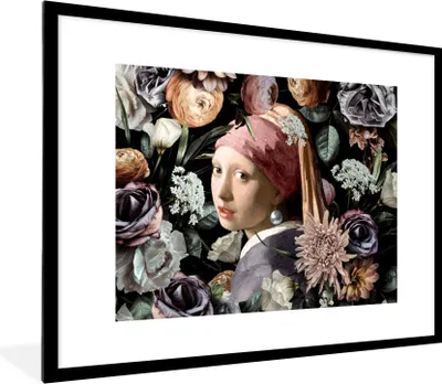 Produktbild von MuchoWow® Gerahmtes Poster Mädchen mit Perlenohrring - Blumen - Vermeer - Pastell - Kunstwerk - Gemälde - Alte Meister 80x60 cm - Poster mit Schwarzem Bilderrahmen Wandposter Rahmen Foto Bilder - Schlafzimmer-Dekorationen - Fotoposter